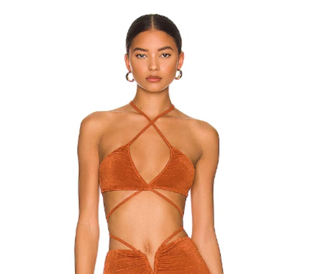 Super Down Rust Unpadded with crisscross front and wrap tie closure.
